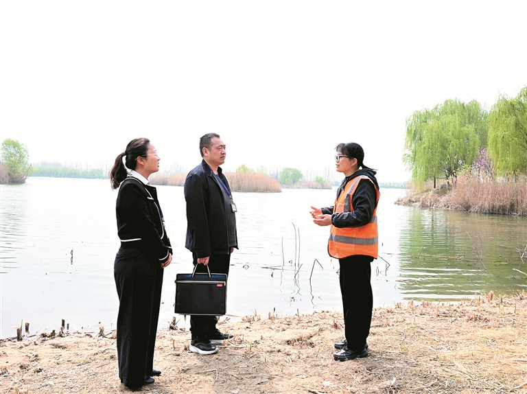 大河奔涌春潮生 图为3月24日,河南省洛阳市孟津区纪检监察干部在孟津黄河湿地国家级自然保护区向工作人员了解有关情况。王奇 摄